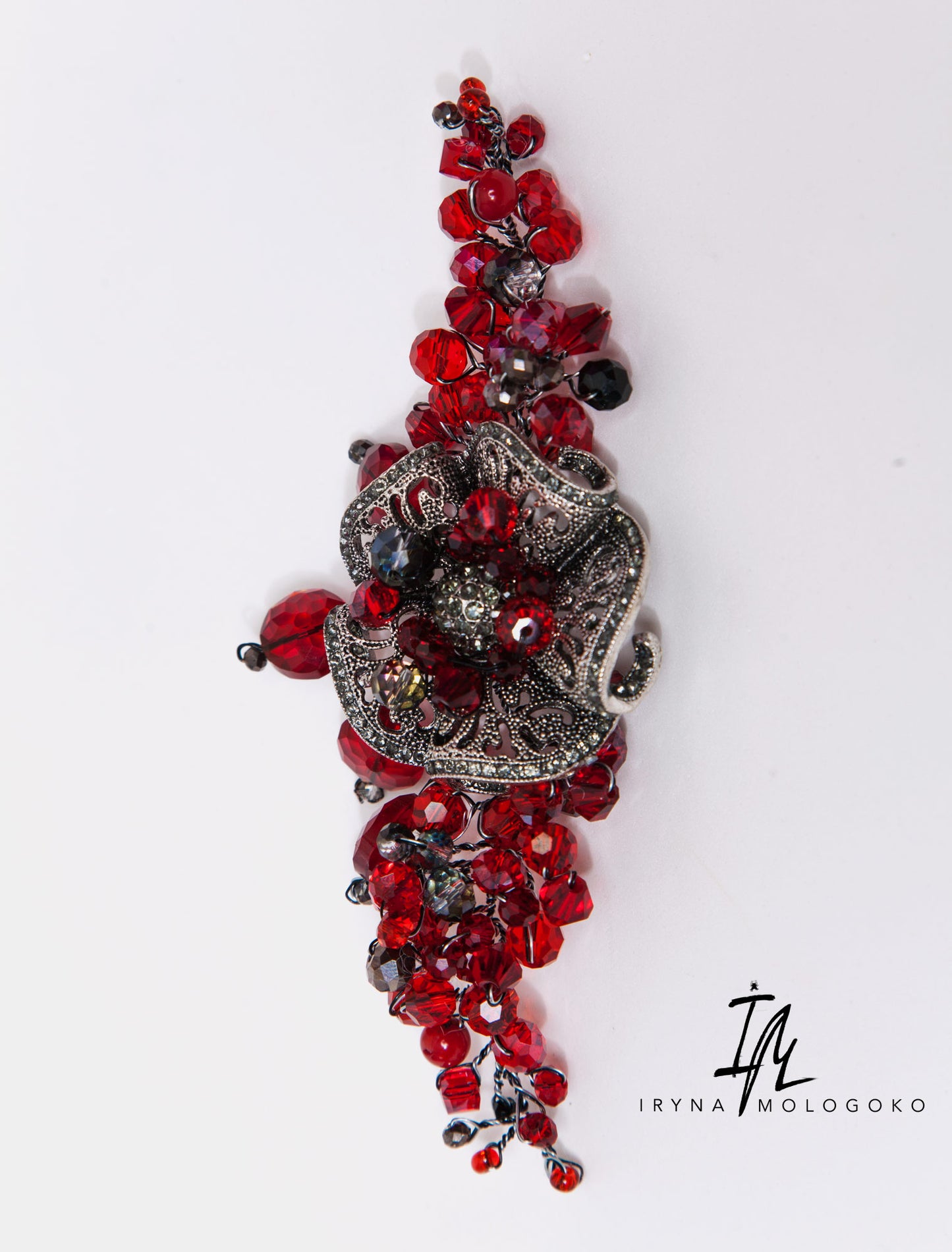 Chunky Ruby Red Silver Hand Beaded Bracelet