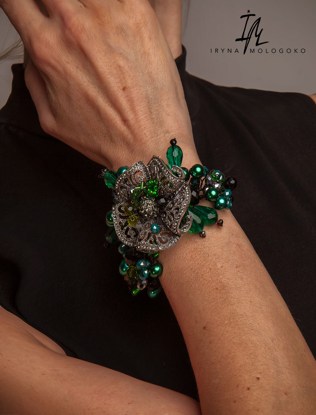 Emerald Green Chunky Dark Silver Hand Beaded Bracelet - Mologoko Couture