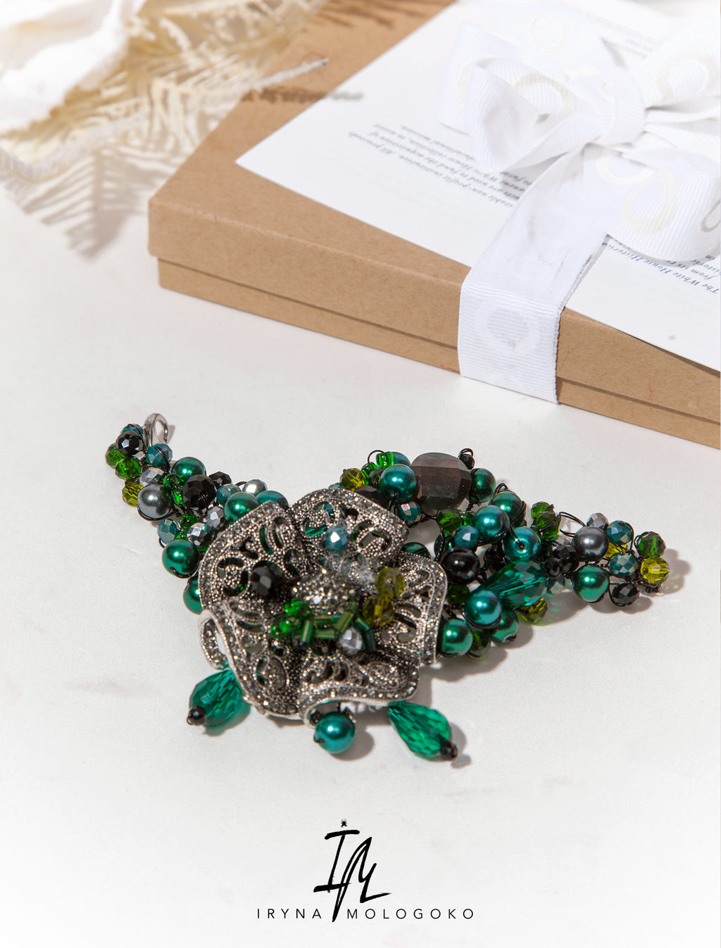Emerald Green Chunky Dark Silver Hand Beaded Bracelet - Mologoko Couture