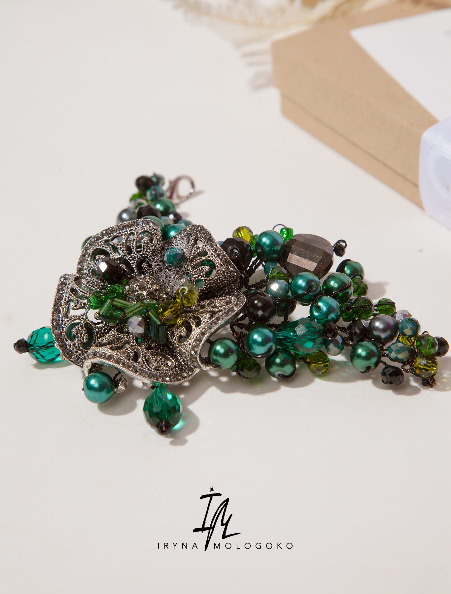 Emerald Green Chunky Dark Silver Hand Beaded Bracelet - Mologoko Couture