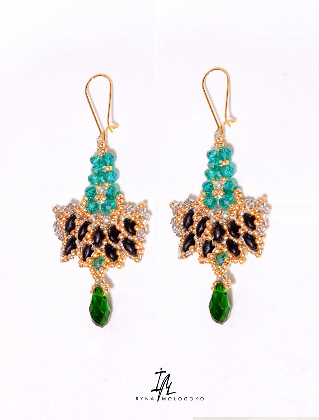 Marcella Hand Beaded Drop Green Gold Earrings - Mologoko Couture