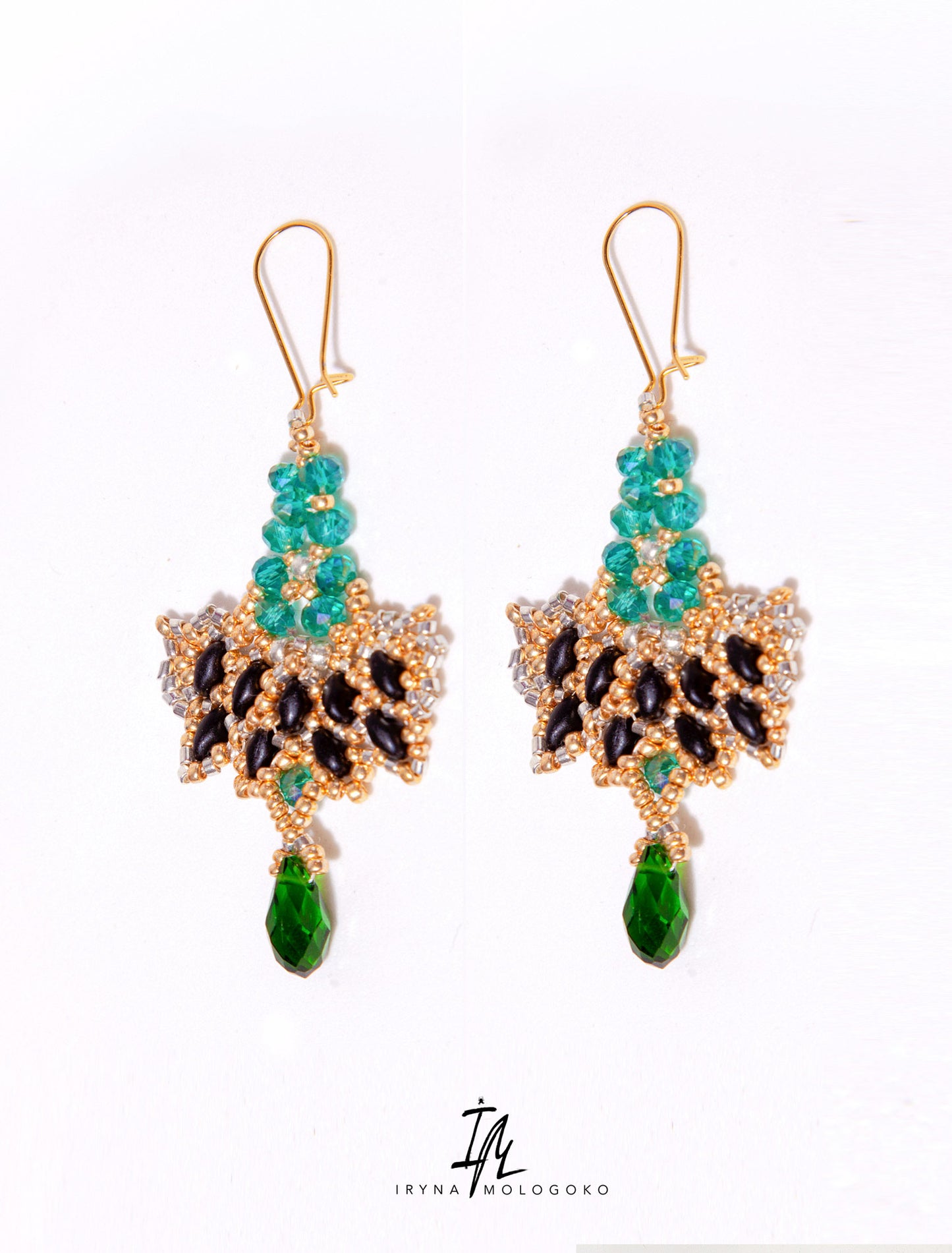 Marcella Hand Beaded Drop Green Gold Earrings