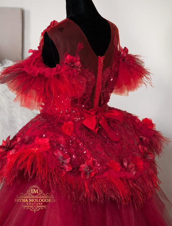 Enchanting Red Feather Gown for Unforgettable Occasions by Portia and Scarlett
