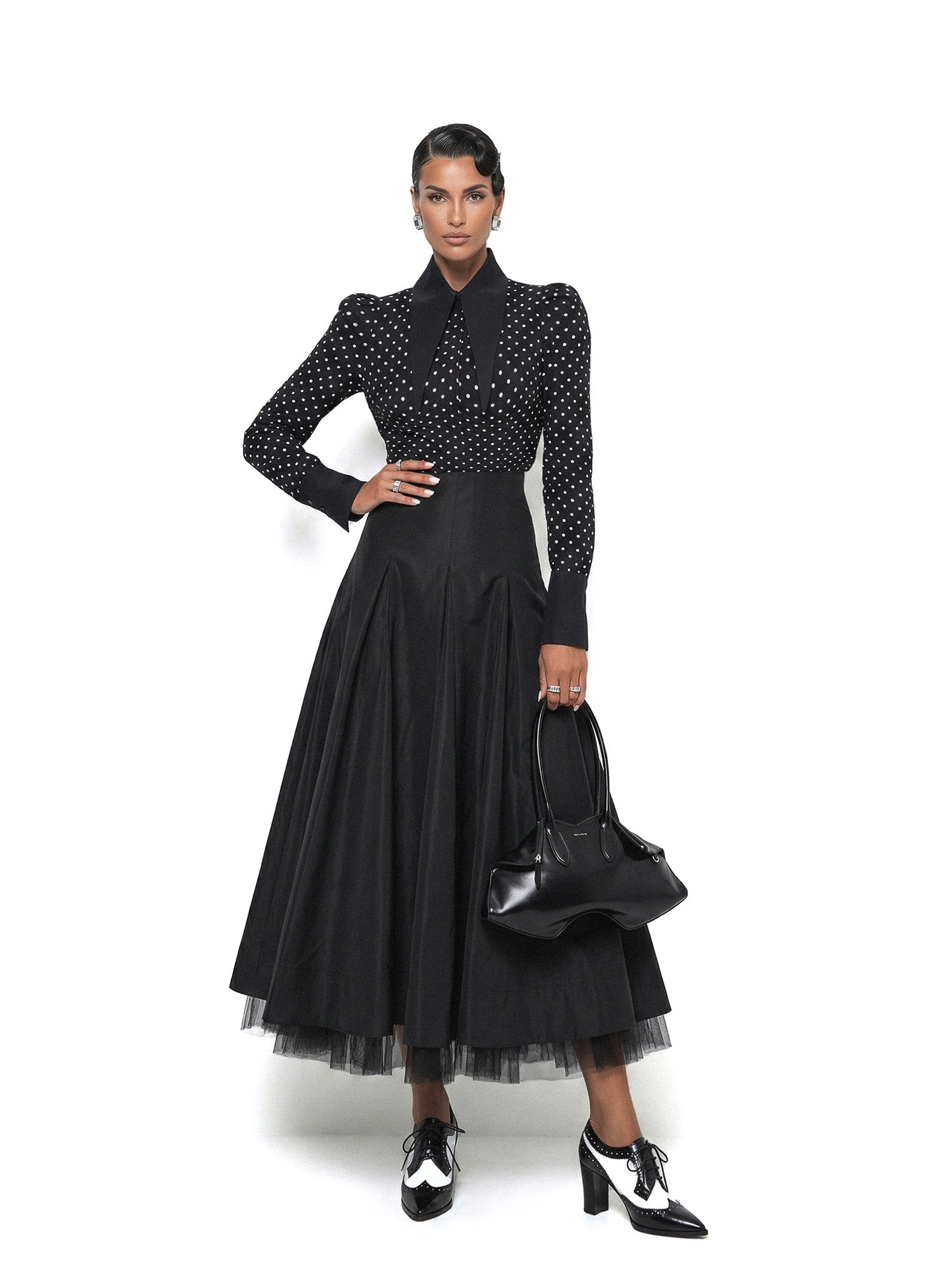 Large Pointy Collar Long Sleeves Polka Dots Shirt