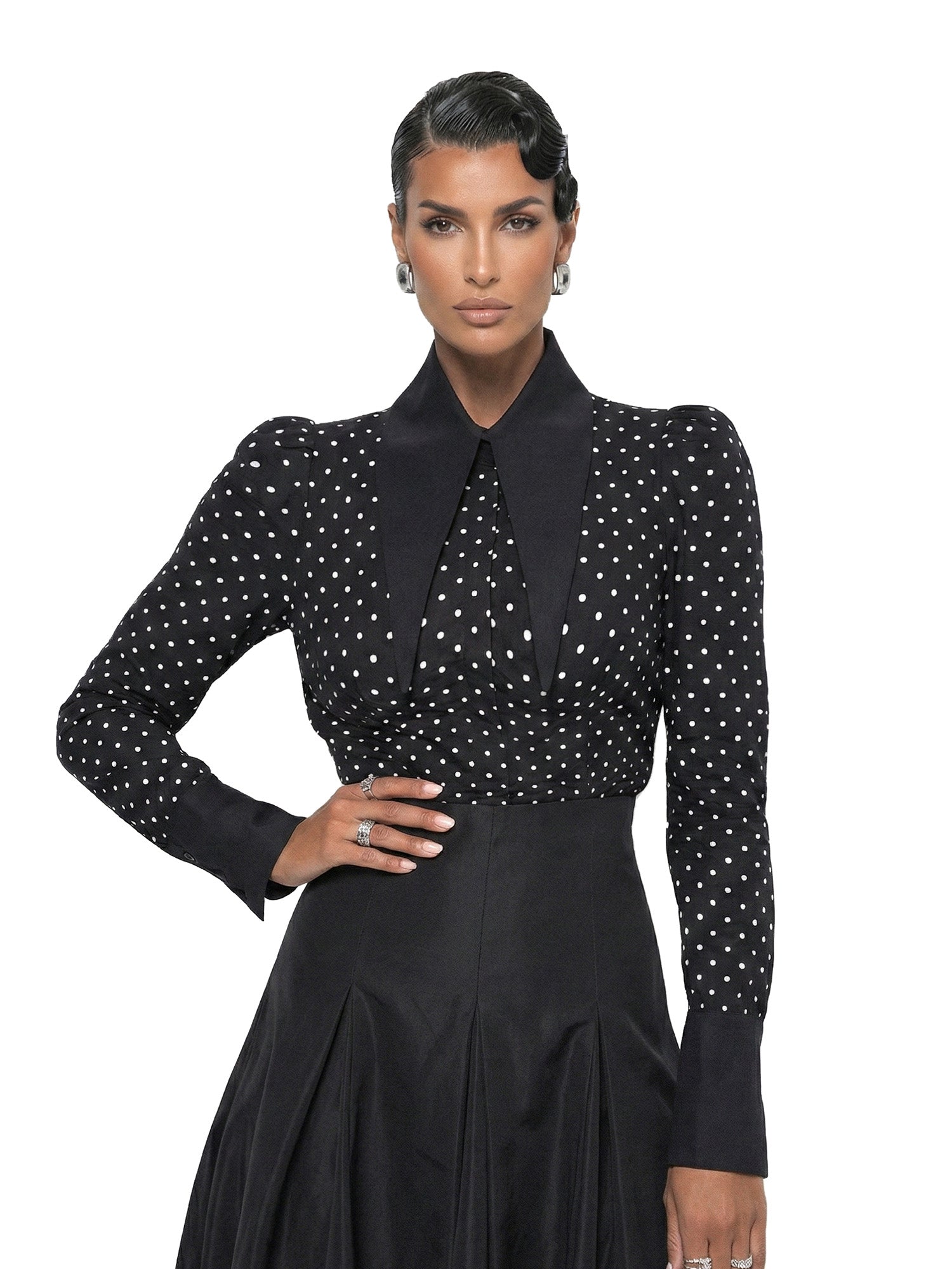 Large Pointy Collar Long Sleeves Polka Dots Shirt