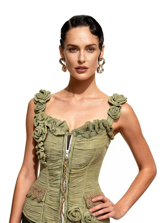 Miranda Organic Cotton Gauze Draped Front Zipper Corset