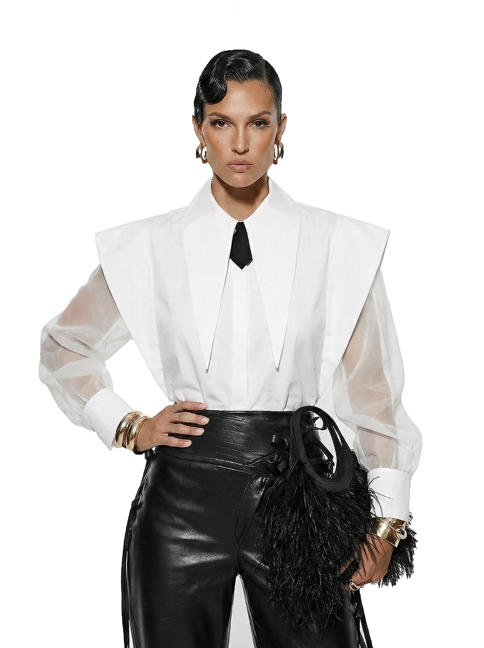 Long Tips Collar Organza Sleeves Shirt