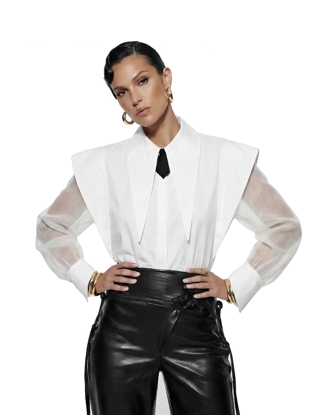 Long Tips Collar Organza Sleeves Shirt