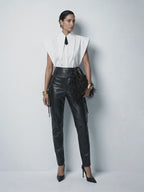 Matilda Long Tips Collar Strong Shoulder Sleeveless Shirt