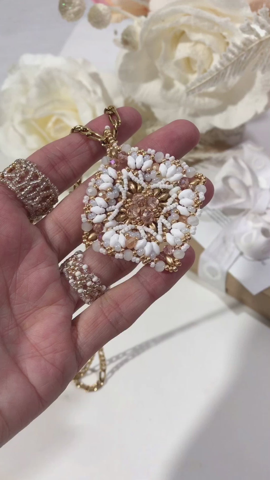 Dominique Reversible Handbeaded Lace Large Luxurious Pendant Necklace