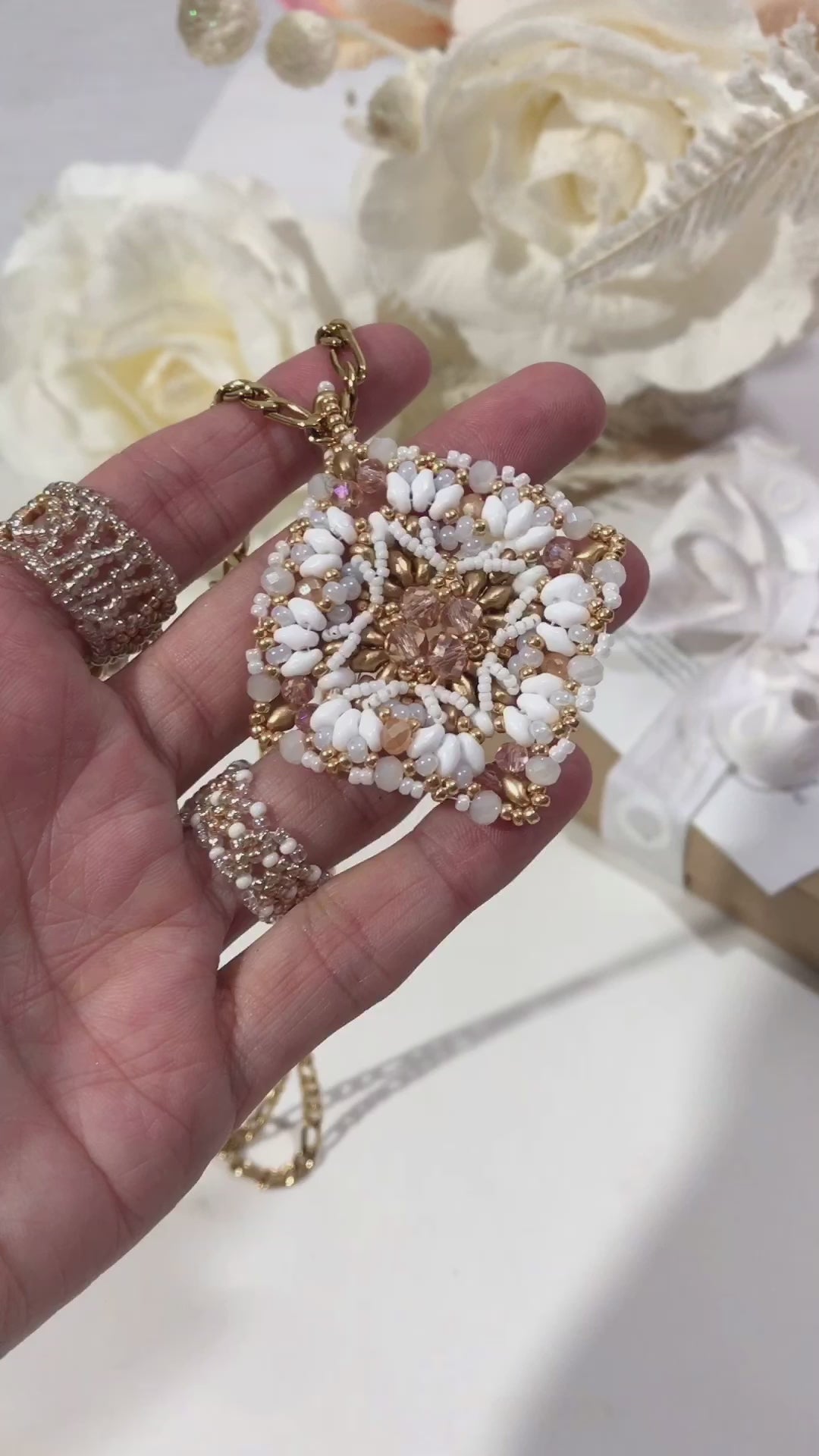 Dominique Reversible Handbeaded Lace Large Luxurious Pendant Necklace