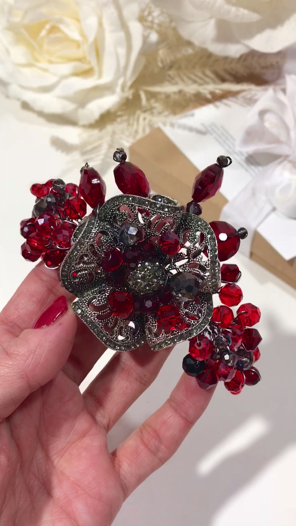 Chunky Ruby Red Silver Hand Beaded Bracelet