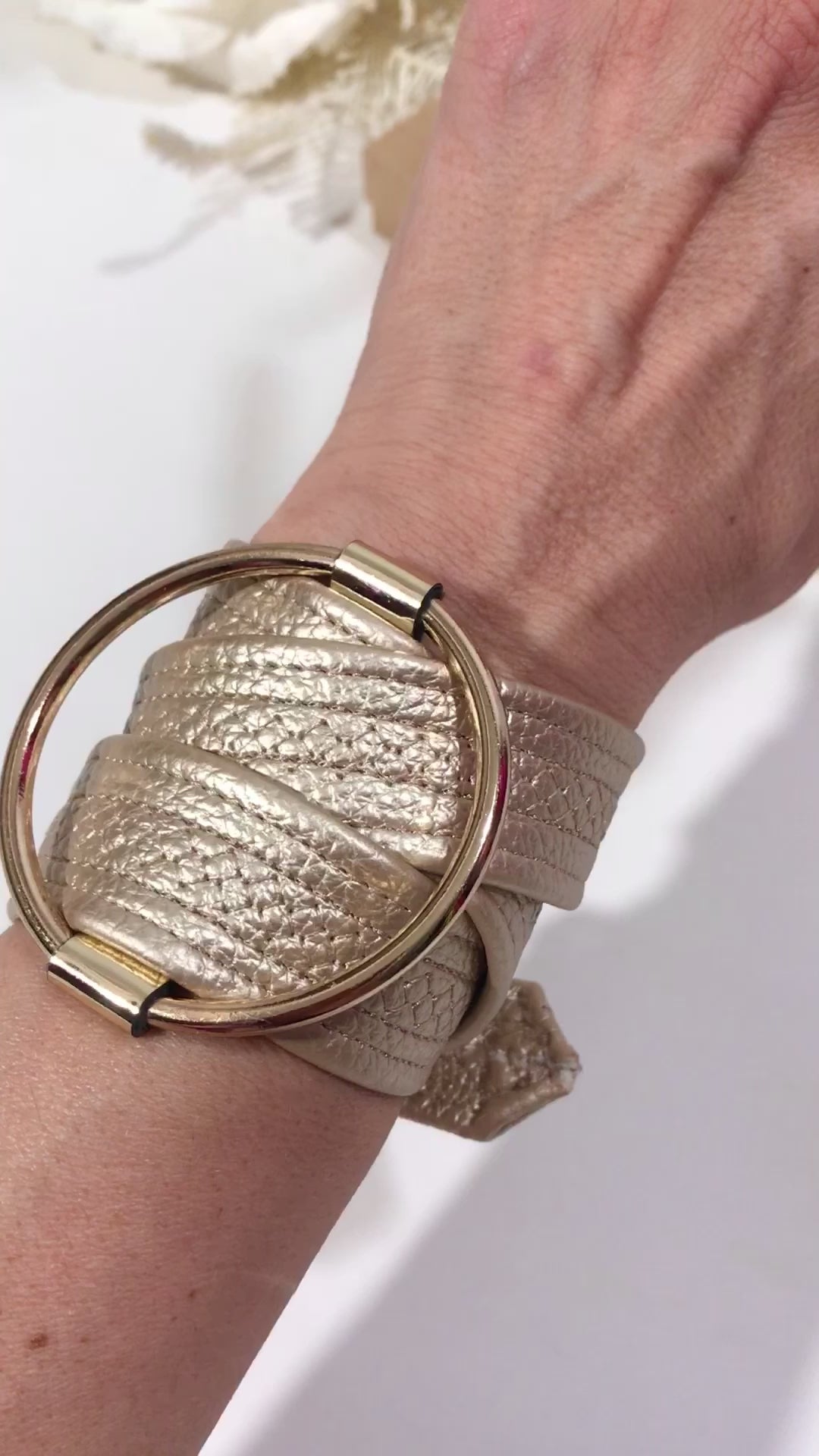 Leather Golden Beige Cuff Belt Bracelet