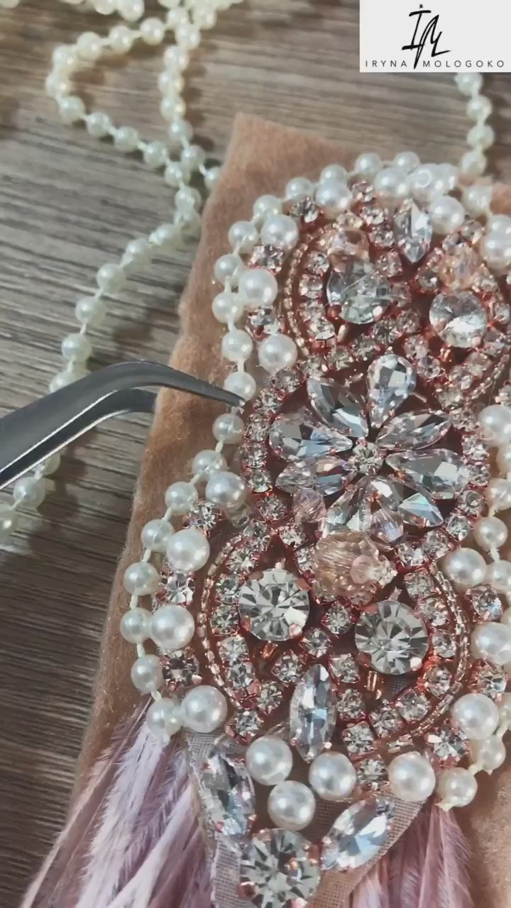 BLUSH PINK BEADED OSTRICH FEATHER STATEMENT EARRINGS