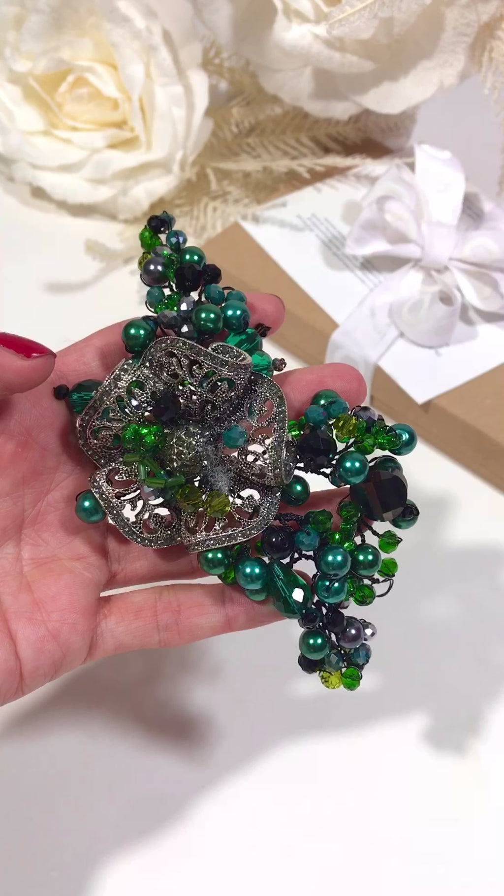 Emerald Green Chunky Dark Silver Hand Beaded Bracelet