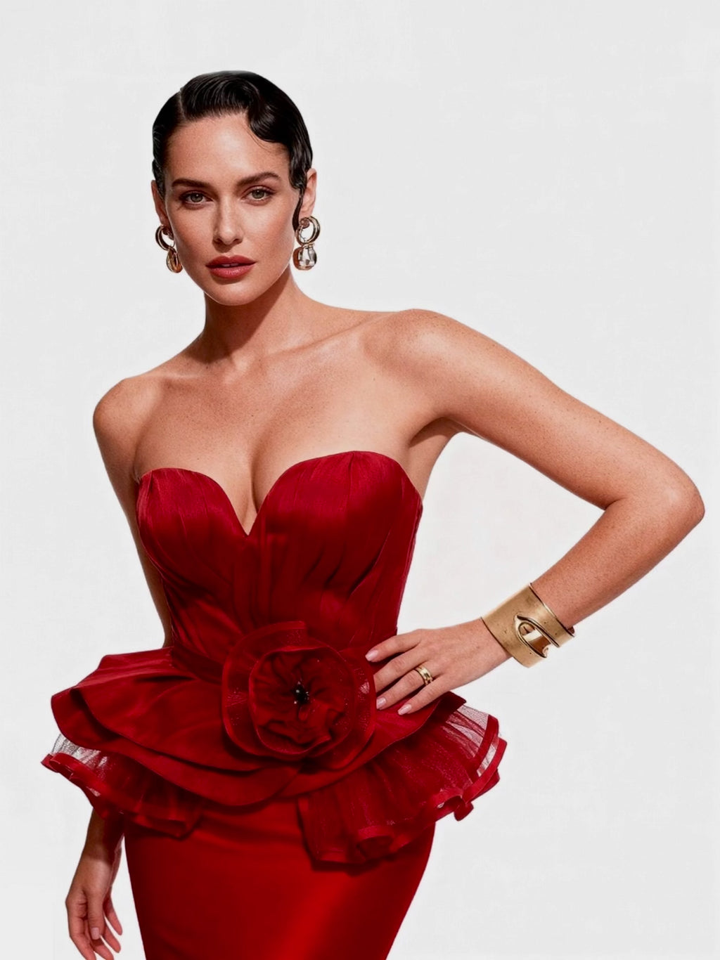 Dina Red Carpet Style Corset with Peplum and Flower