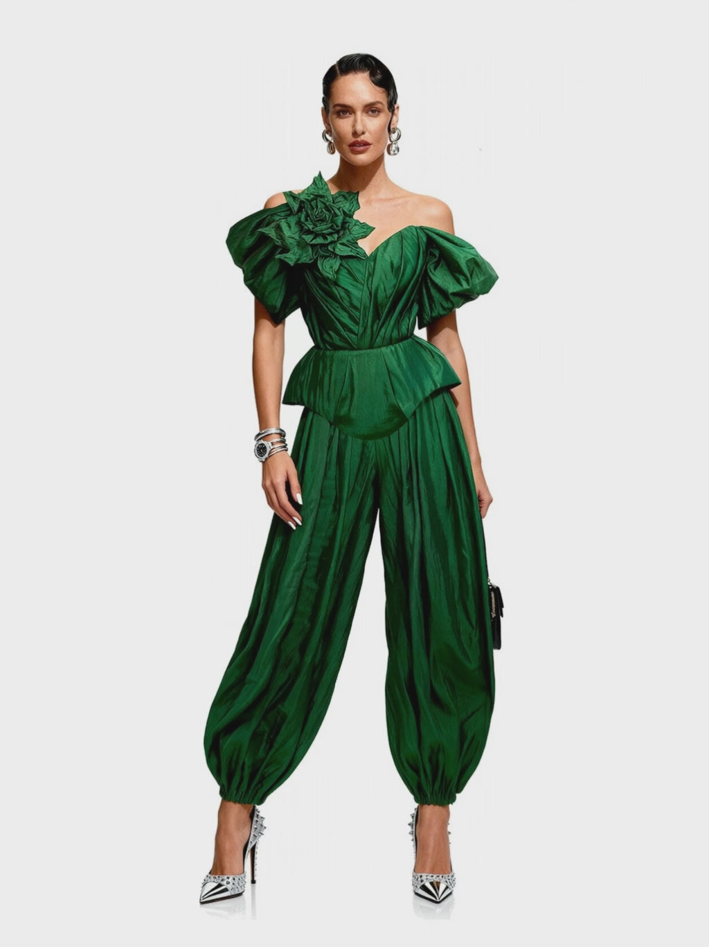 Emerald Green Silk Taffeta Draped Corset with Peplum
