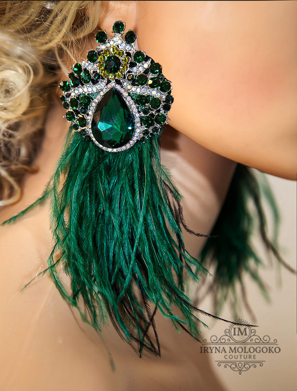 Emerald Green VIOLETA Dangle Statement Feather Earrings on a Post or Wire - Mologoko Couture
