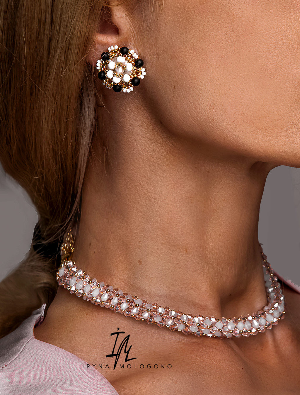 Black White and Gold Hand Beaded Stud Earrings - Mologoko Couture