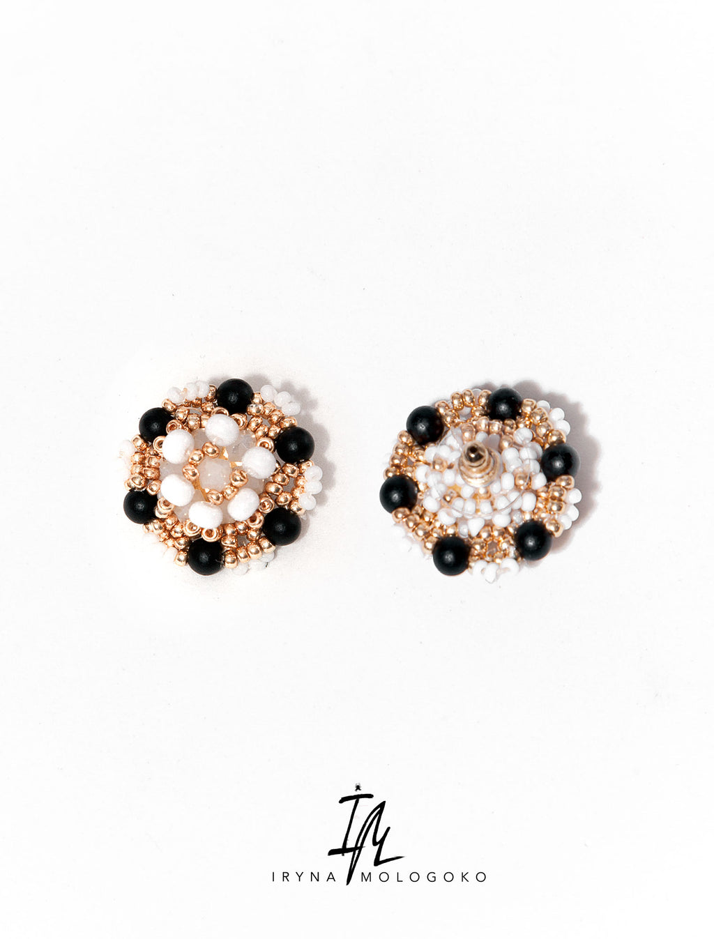 Black White and Gold Hand Beaded Stud Earrings - Mologoko Couture