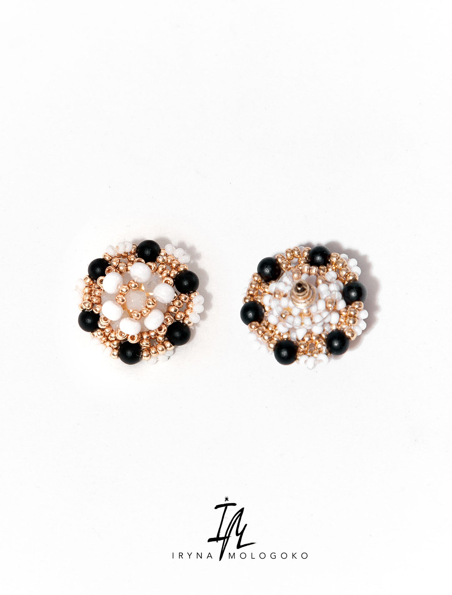 Black White and Gold Hand Beaded Stud Earrings