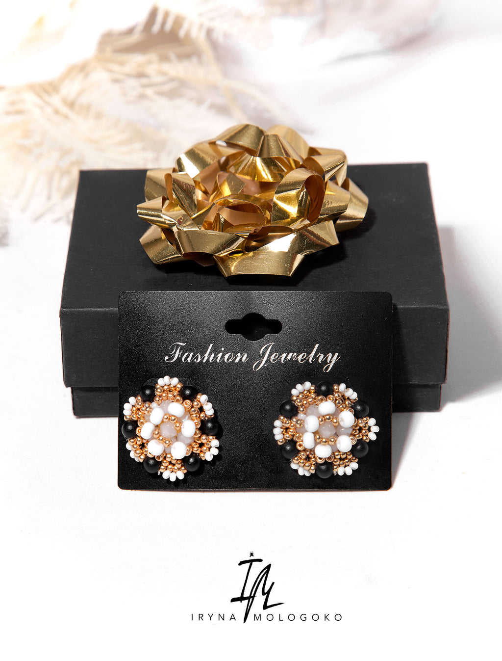 Black White and Gold Hand Beaded Stud Earrings - Mologoko Couture