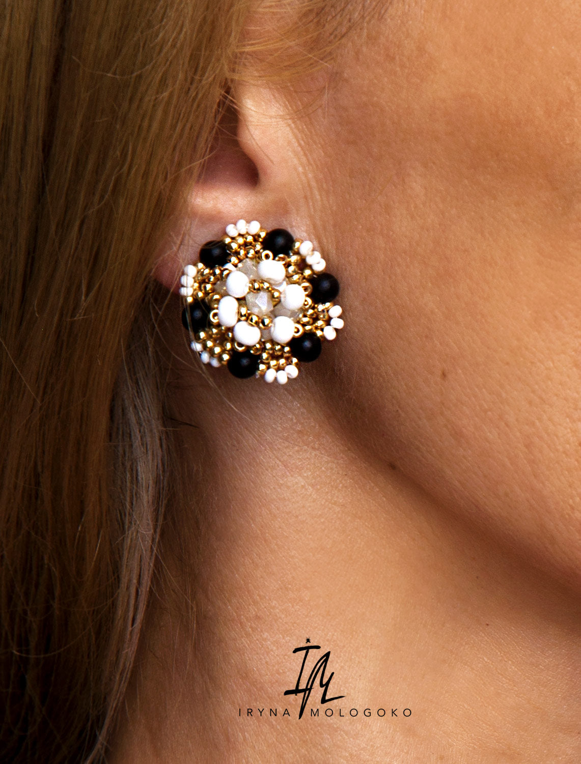 Black White and Gold Hand Beaded Stud Earrings - Mologoko Couture