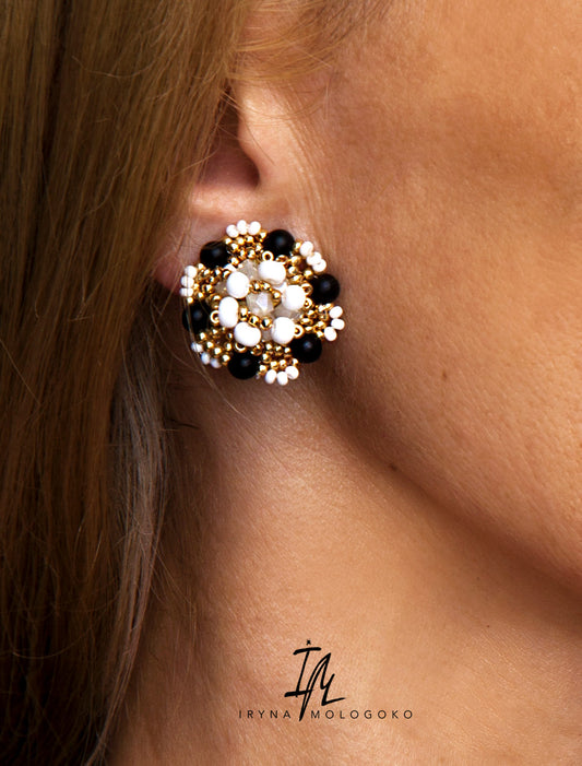 Black White and Gold Hand Beaded Stud Earrings