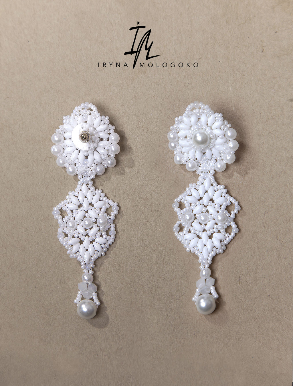 White Wedding Bridal Beaded Stud Earrings - Mologoko Couture