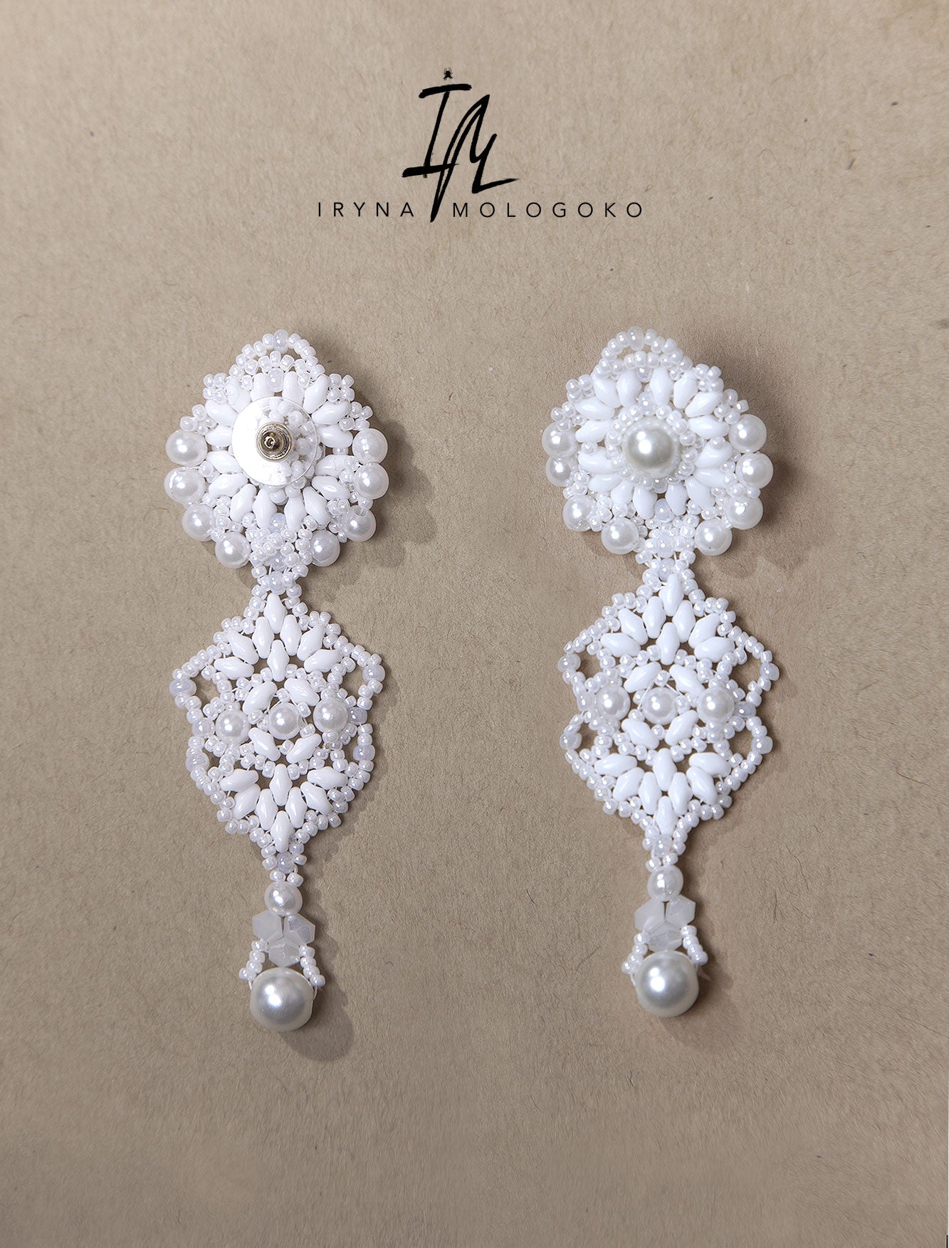 White Wedding Bridal Beaded Stud Earrings - Mologoko Couture