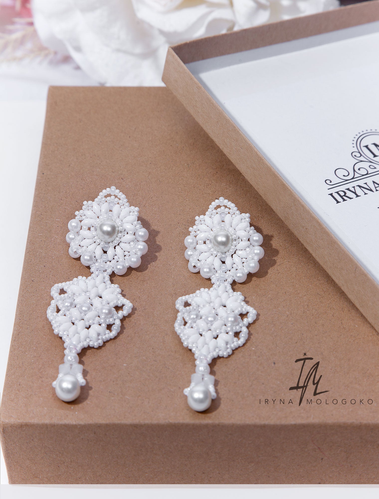 White Wedding Bridal Beaded Stud Earrings - Mologoko Couture