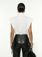 Matilda Long Tips Collar Strong Shoulder Sleeveless Shirt