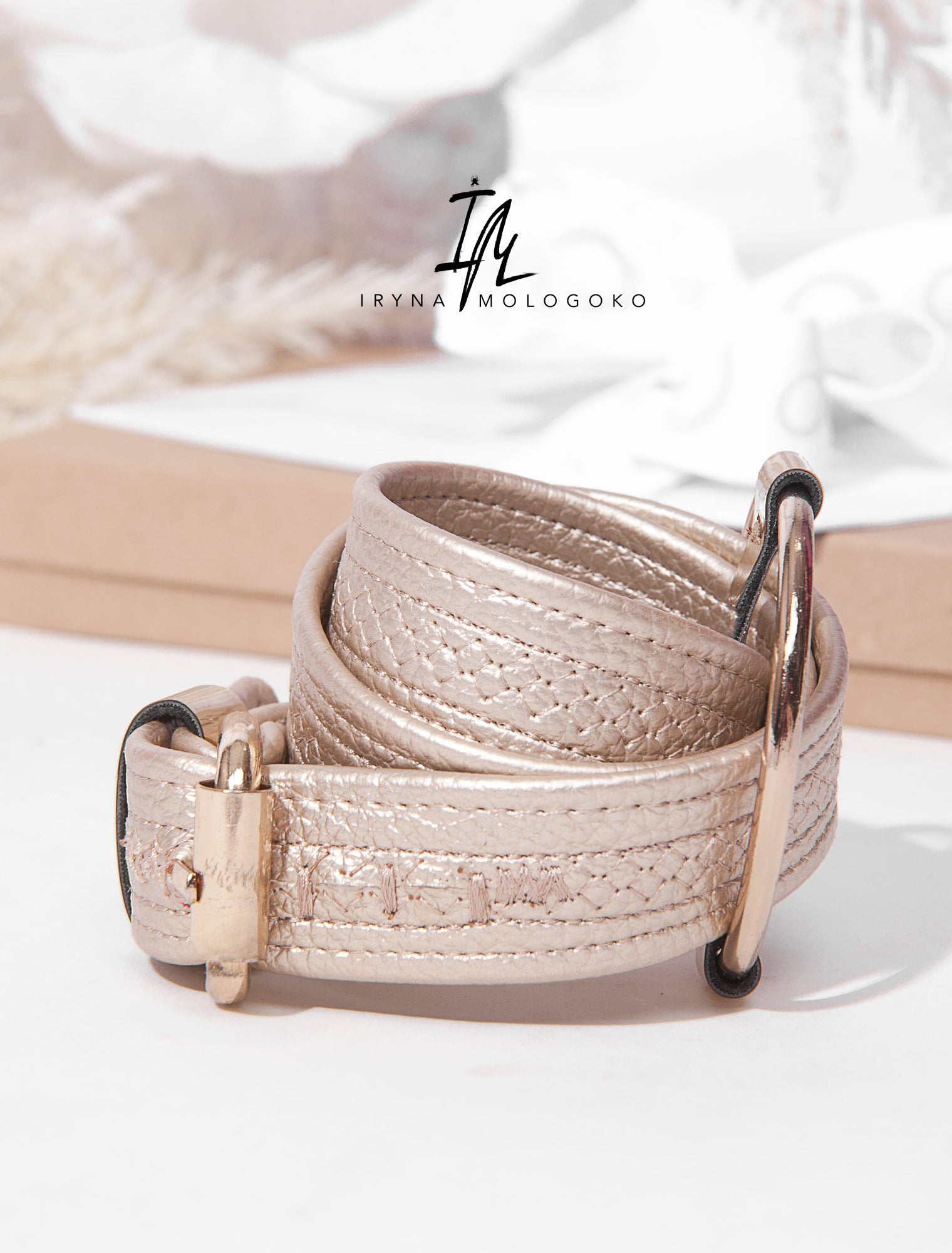 Leather Golden Beige Cuff Belt Bracelet - Mologoko Couture