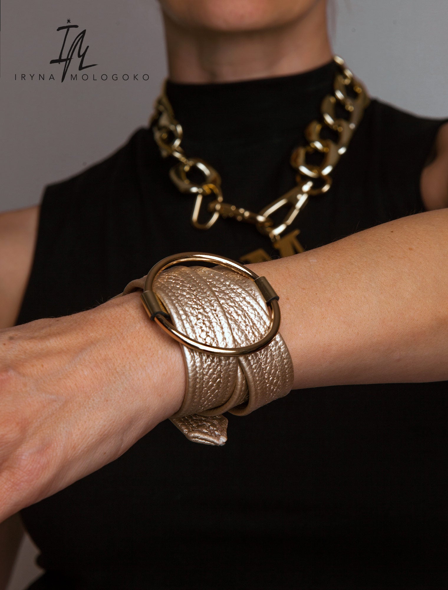 Leather Golden Beige Cuff Belt Bracelet - Mologoko Couture
