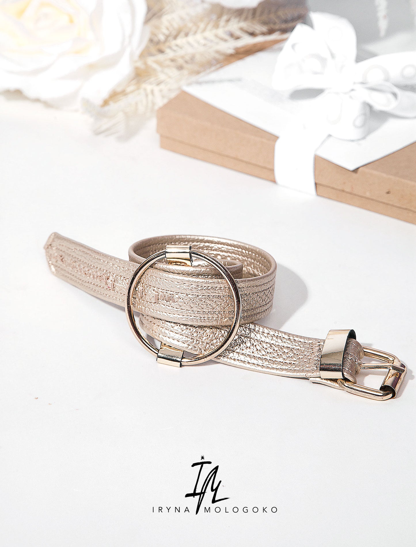 Leather Golden Beige Cuff Belt Bracelet