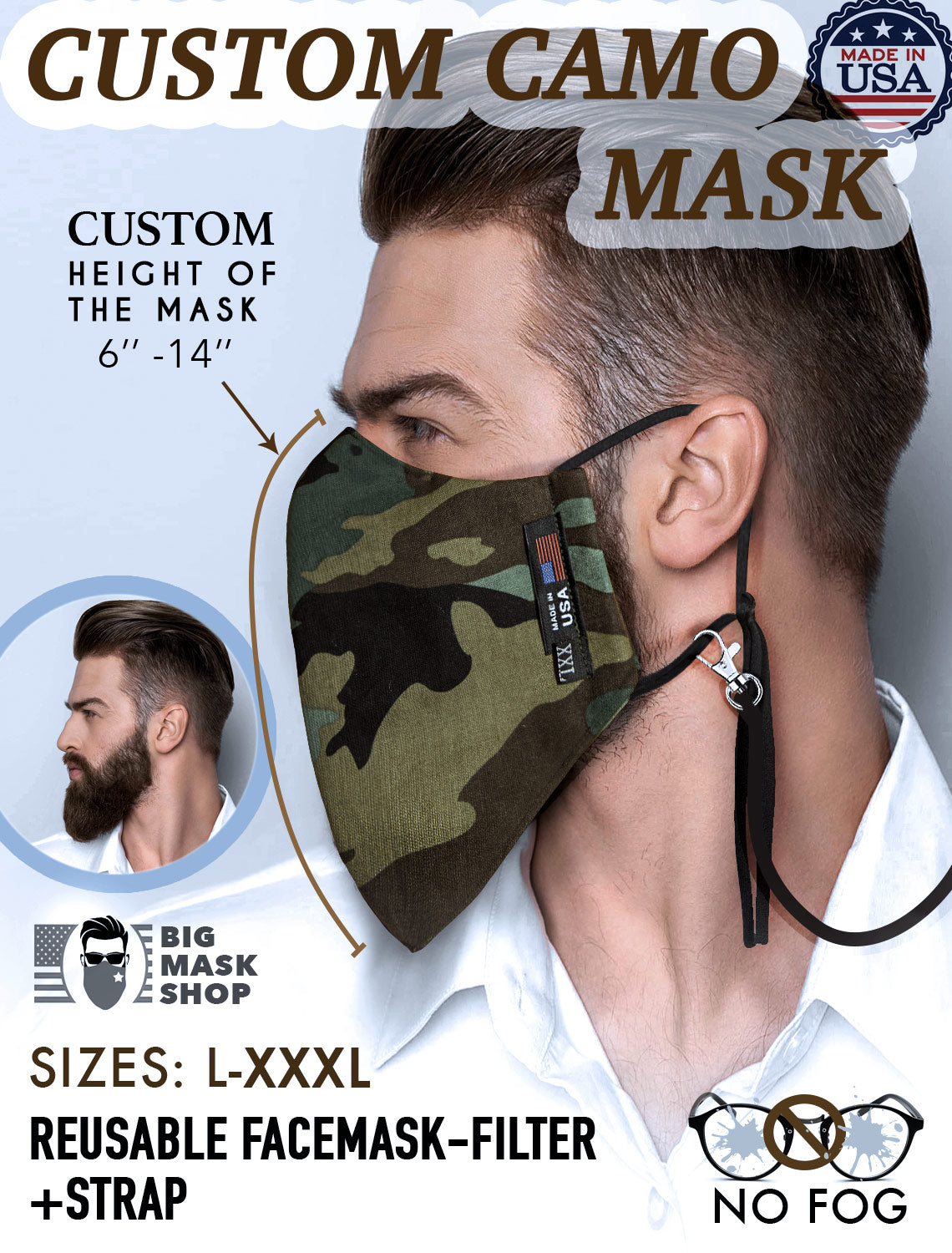 CUSTOM Camouflage Large Face Mask For Men With Beards + Lanyard - Mologoko Couture