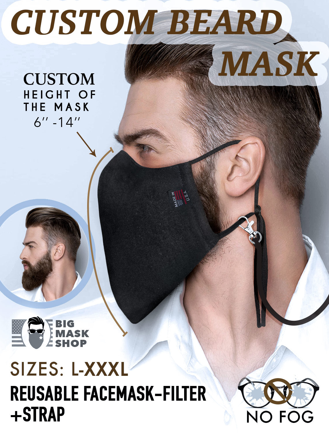 CUSTOM SIZE black Large Face Mask For Men With Beards + Lanyard - Mologoko Couture