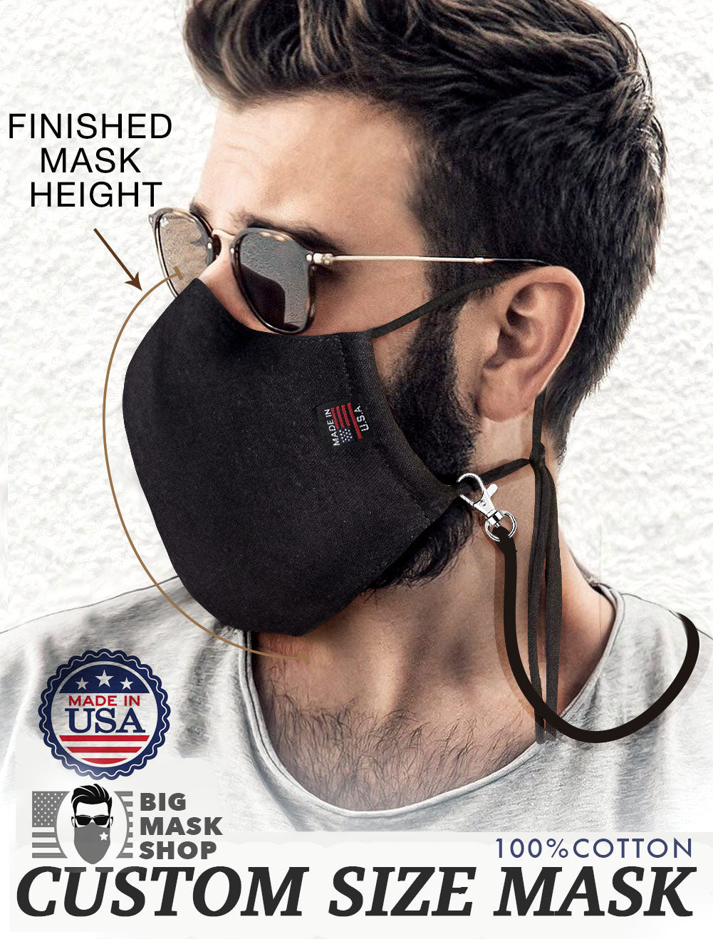 CUSTOM SIZE black Large Face Mask For Men With Beards + Lanyard - Mologoko Couture