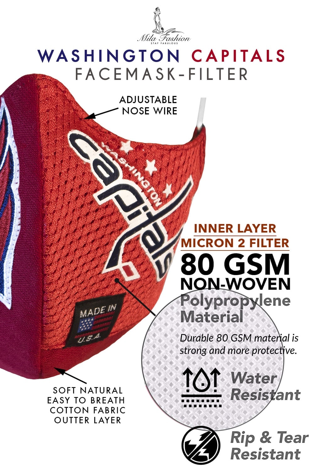 NHL WASHINGTON CAPITALS TEAM: EXTRA LARGE Facemask Filter + Lanyard - Mologoko Couture