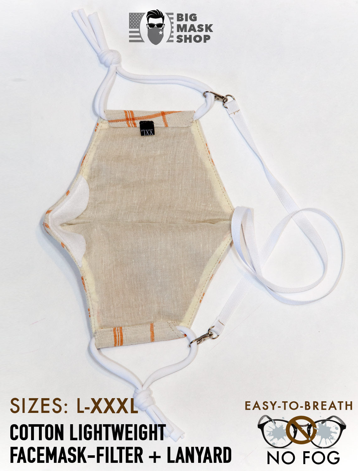 Summer Organic 100% Cotton (L -3XL) EXTRA LARGE BEARD FACE MASK FILTER + LANYARD - Mologoko Couture