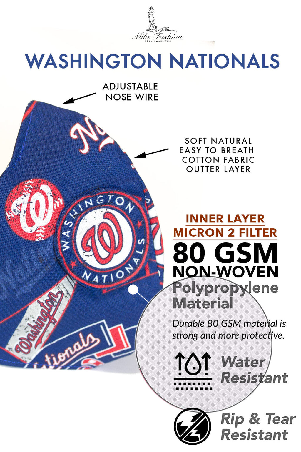 WASHINGTON NATIONALS TEAM: EXTRA LARGE Facemask Filter + Lanyard - Mologoko Couture
